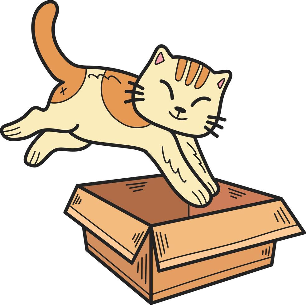 Hand Drawn striped cat jumped into the box illustration in doodle style vector