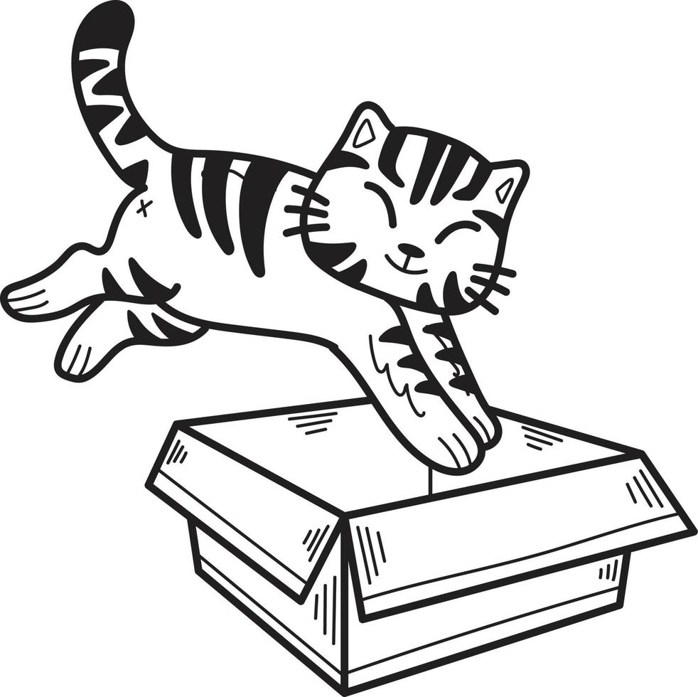 Hand Drawn striped cat jumped into the box illustration in doodle style vector