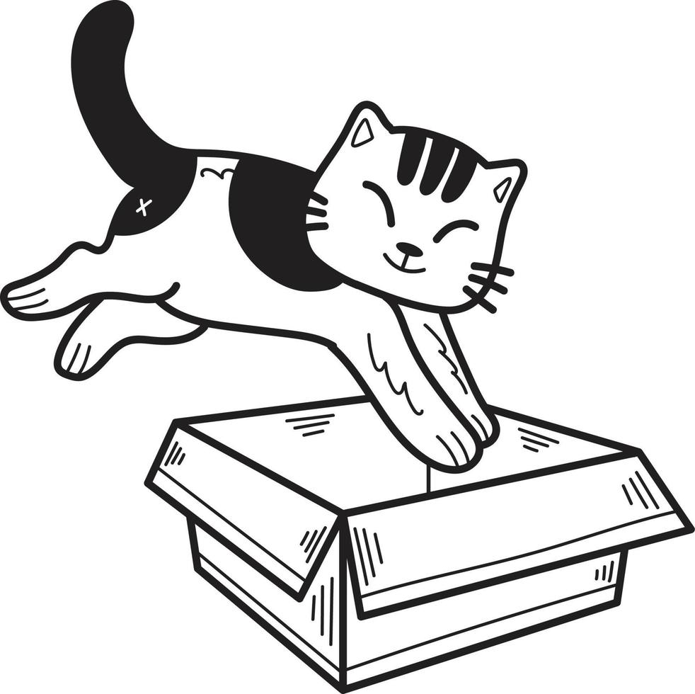 Hand Drawn striped cat jumped into the box illustration in doodle style vector