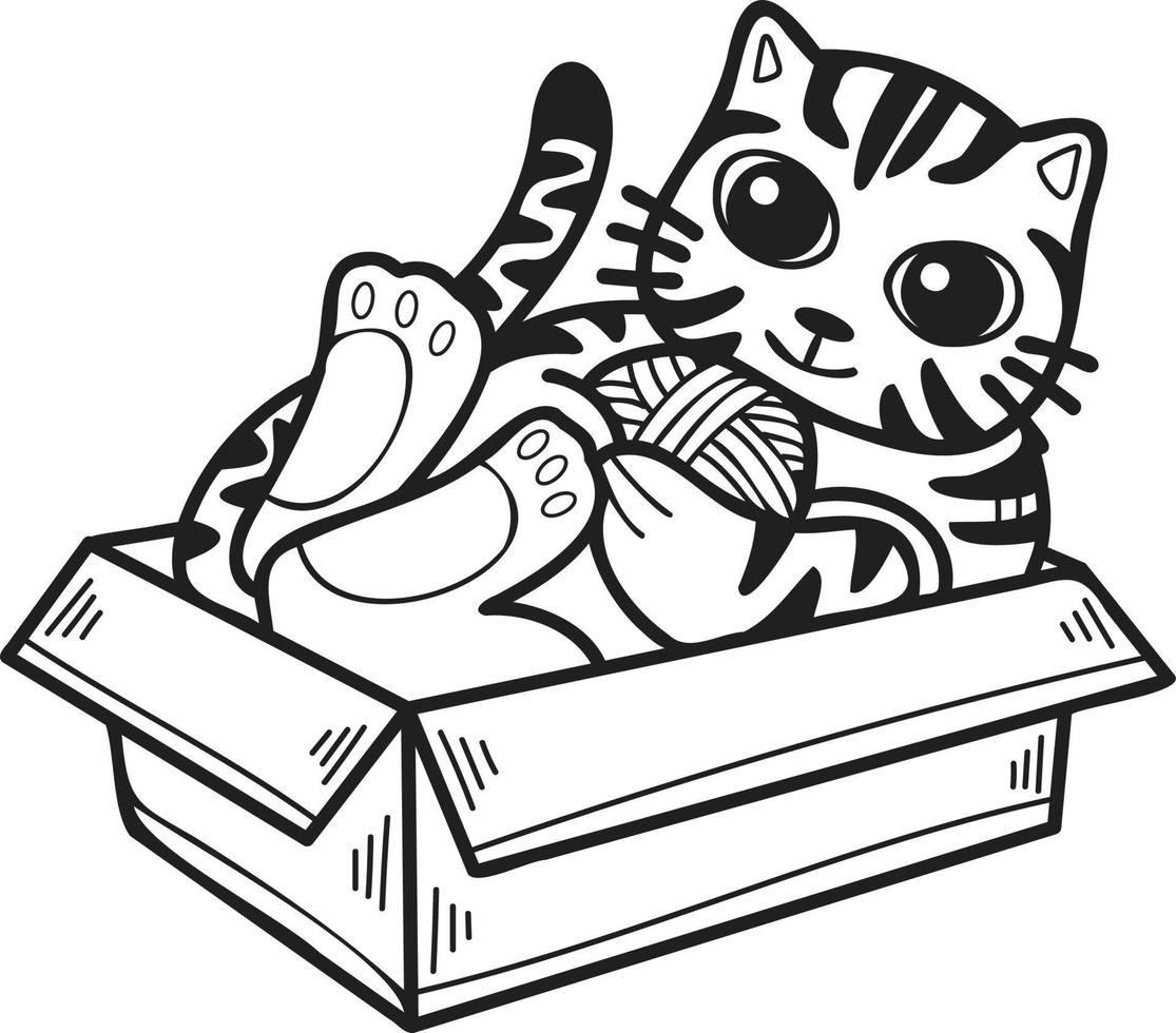 Hand Drawn striped cat playing with yarn in a box illustration in doodle style vector