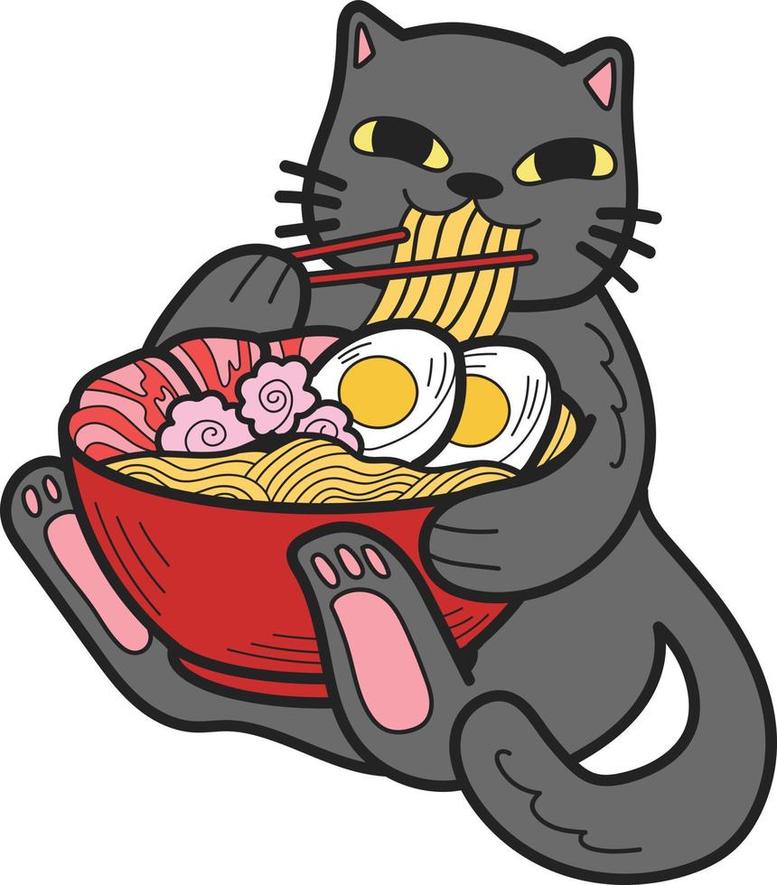 Hand Drawn cat eating noodles illustration in doodle style vector