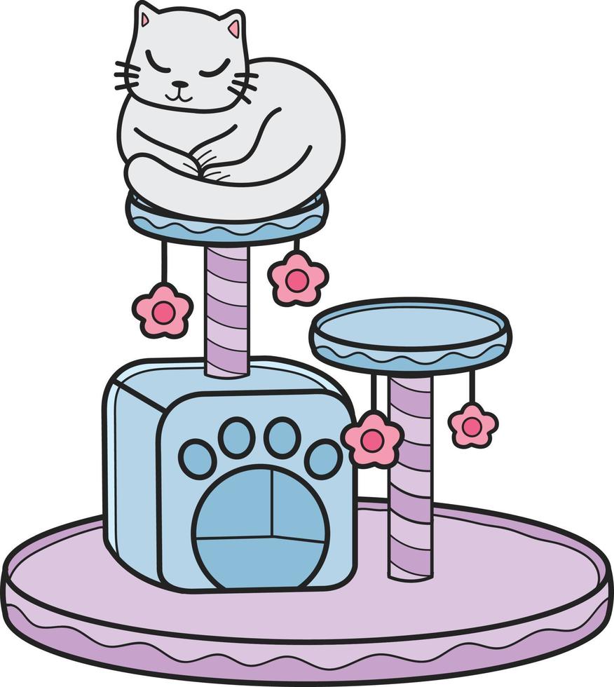 gato dibujado a mano con ilustración de poste de escalada de gato en estilo garabato vector
