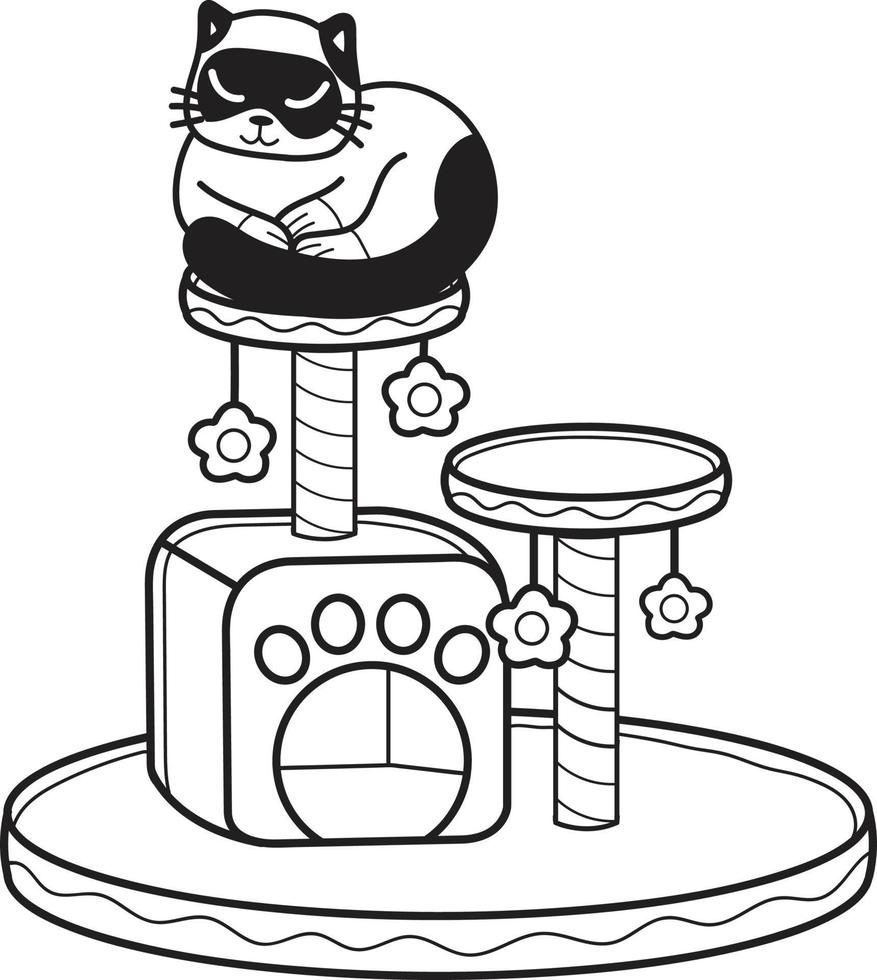 gato dibujado a mano con ilustración de poste de escalada de gato en estilo garabato vector