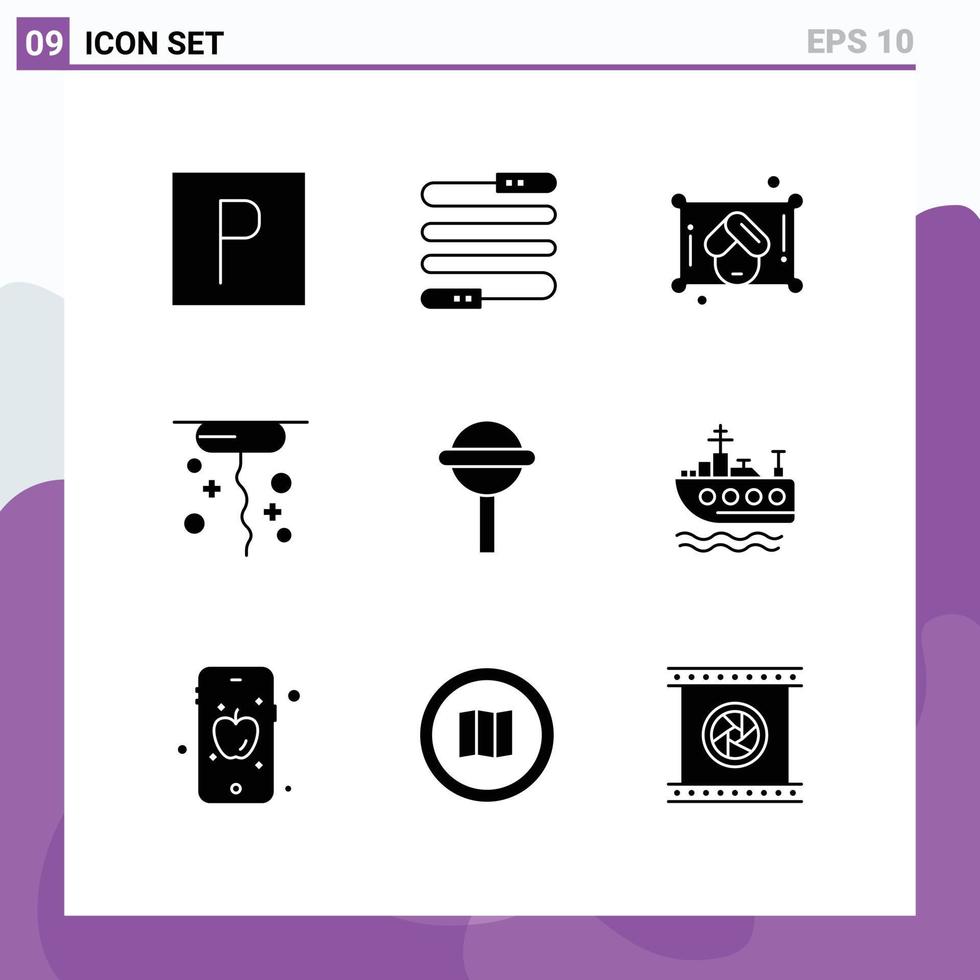 Modern Set of 9 Solid Glyphs and symbols such as swim lollipop towel chupa giving Editable Vector Design Elements