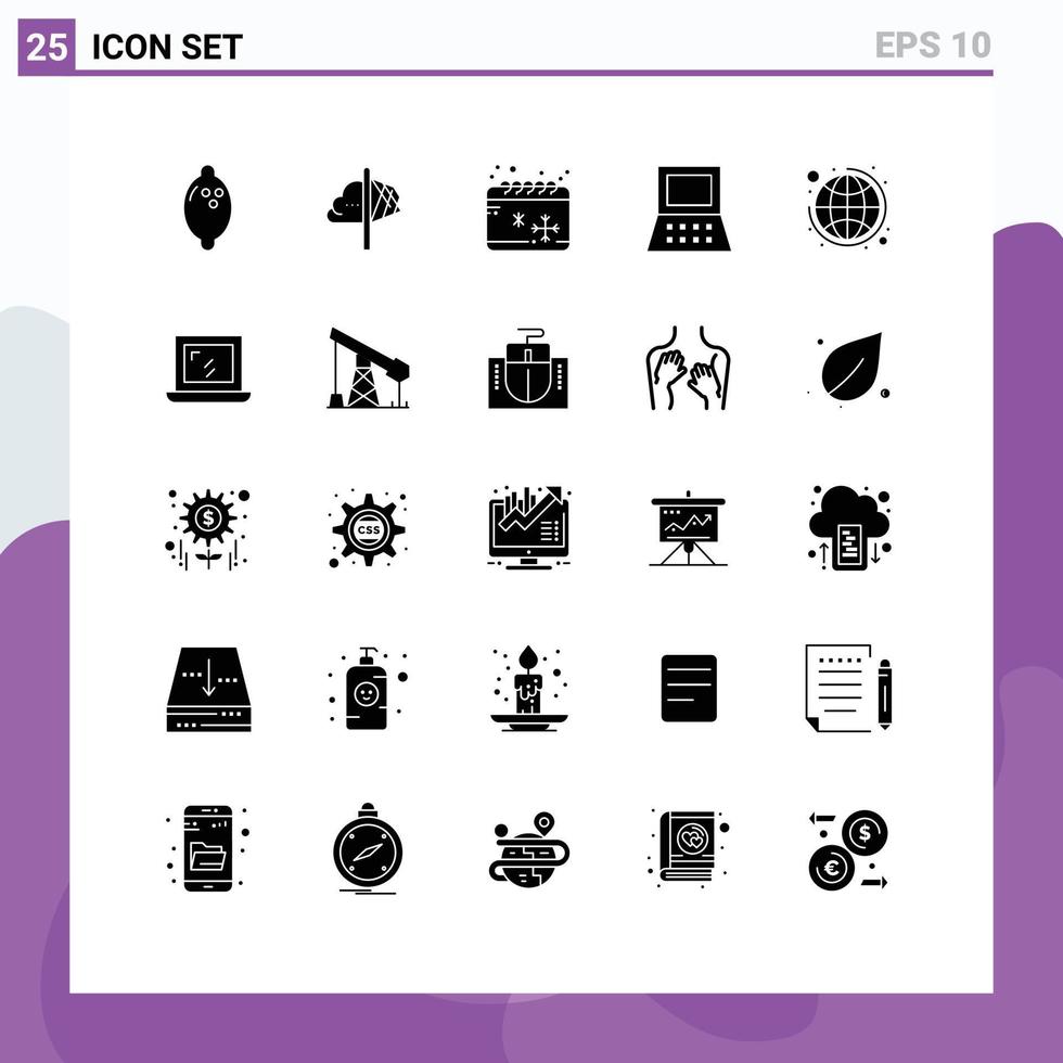 grupo de 25 glifos sólidos modernos establecidos para planificar elementos de diseño de vectores editables de portátiles de hardware de calendario global