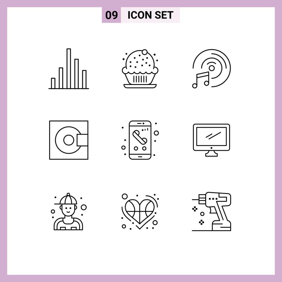paquete de 9 signos y símbolos de contornos modernos para medios de impresión web, como elementos de diseño de vectores editables minidisc de tecnología de música de aplicaciones móviles