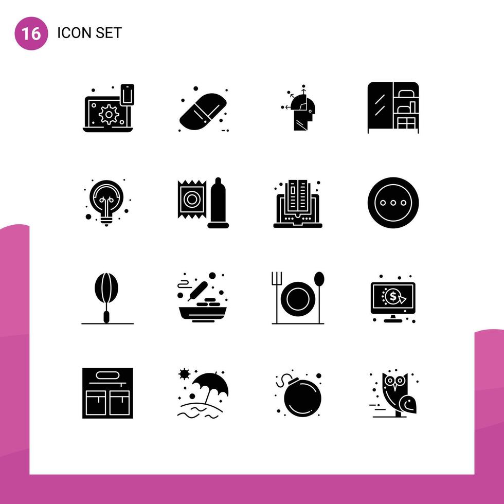 16 User Interface Solid Glyph Pack of modern Signs and Symbols of light bulb user wardrobe furniture Editable Vector Design Elements