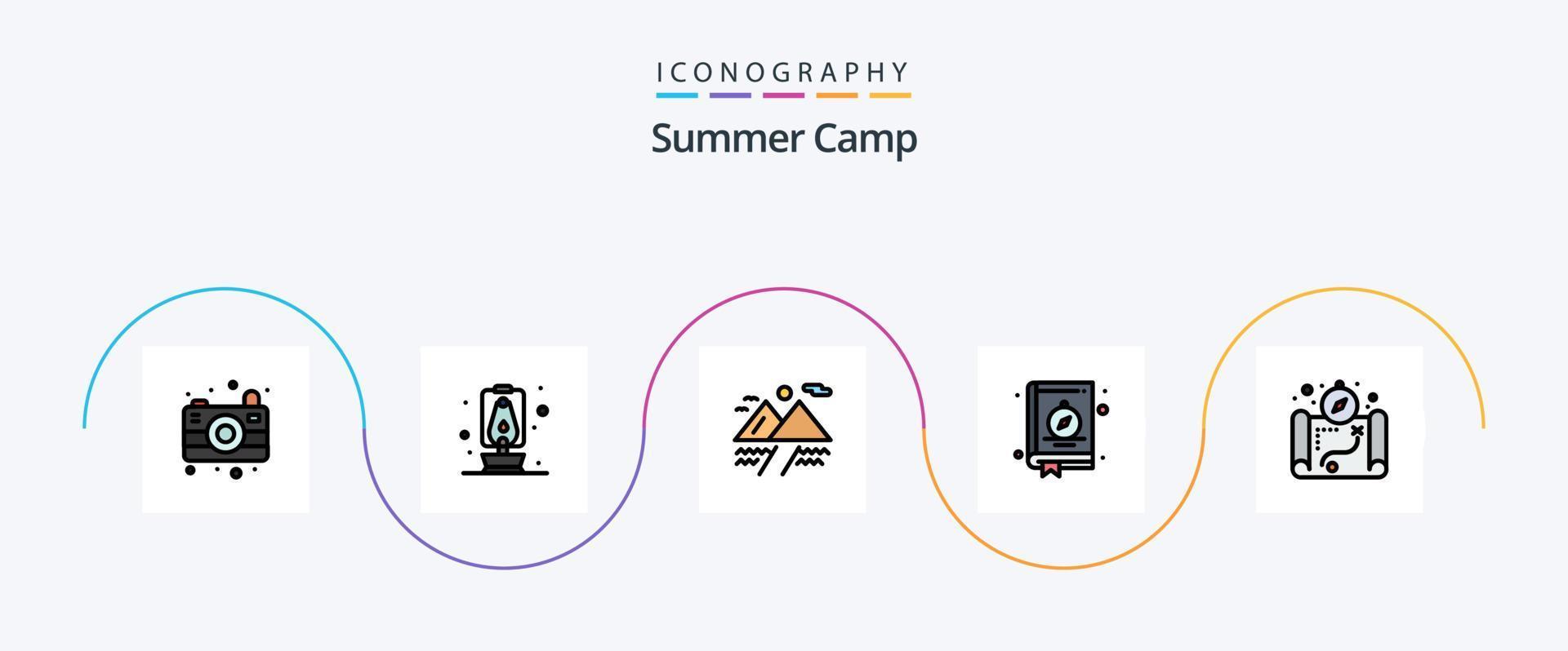 paquete de iconos de 5 planos llenos de línea de campamento de verano que incluye. cámping. montaña. localización. cámping vector