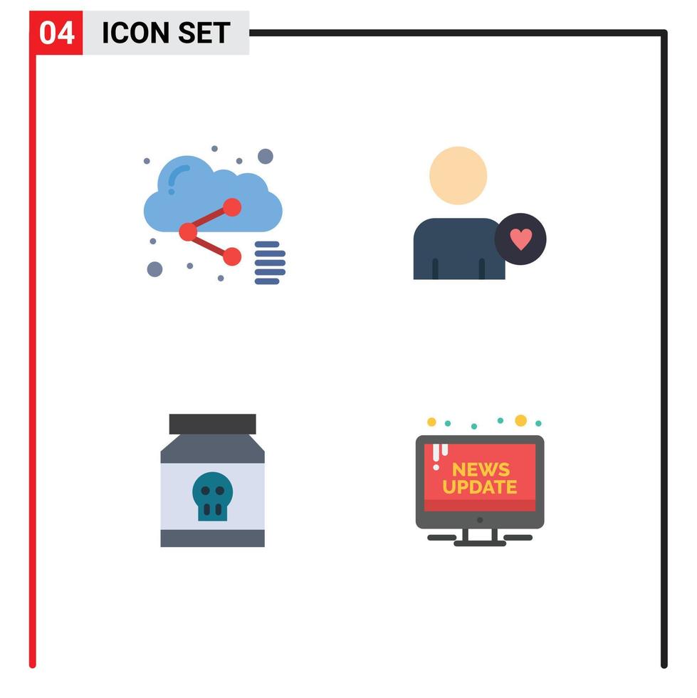 Pack of 4 Modern Flat Icons Signs and Symbols for Web Print Media such as cloud poison sharing heart toxic Editable Vector Design Elements