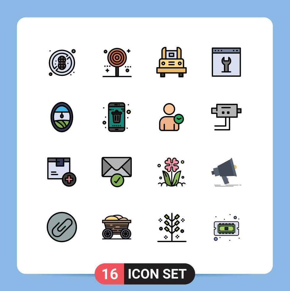 Group of 16 Flat Color Filled Lines Signs and Symbols for setting interface bus gear travel Editable Creative Vector Design Elements