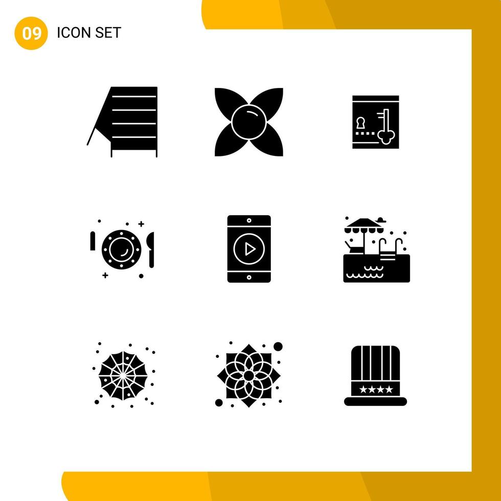 Modern Set of 9 Solid Glyphs and symbols such as movie fork locker knife plate Editable Vector Design Elements