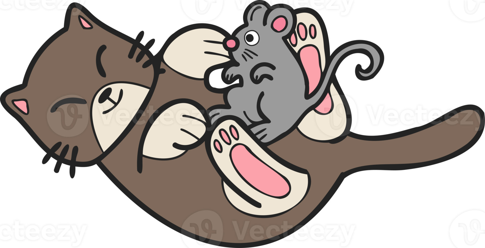 Hand Drawn cat and mouse illustration in doodle style png