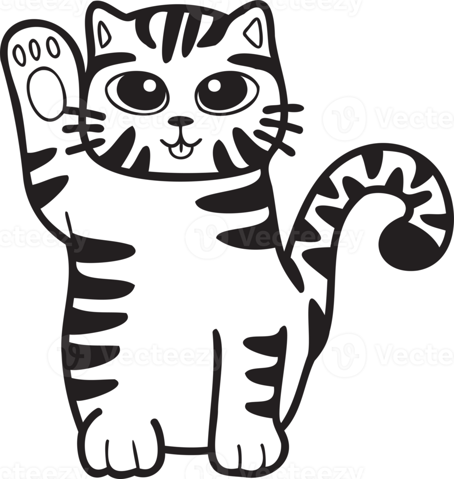 handgezeichnete maneki neko oder glückliche gestreifte katzenillustration im gekritzelstil png