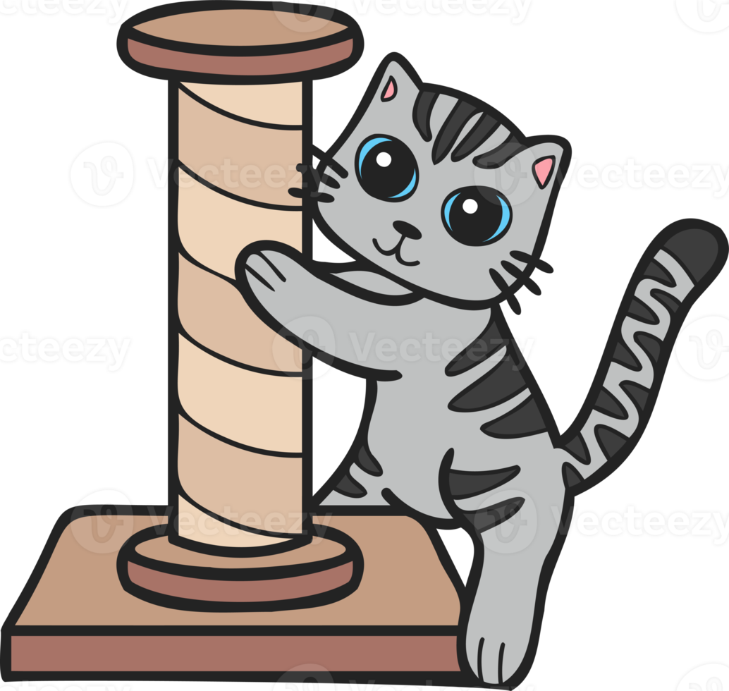 Hand Drawn striped cat with cat climbing pole illustration in doodle style png