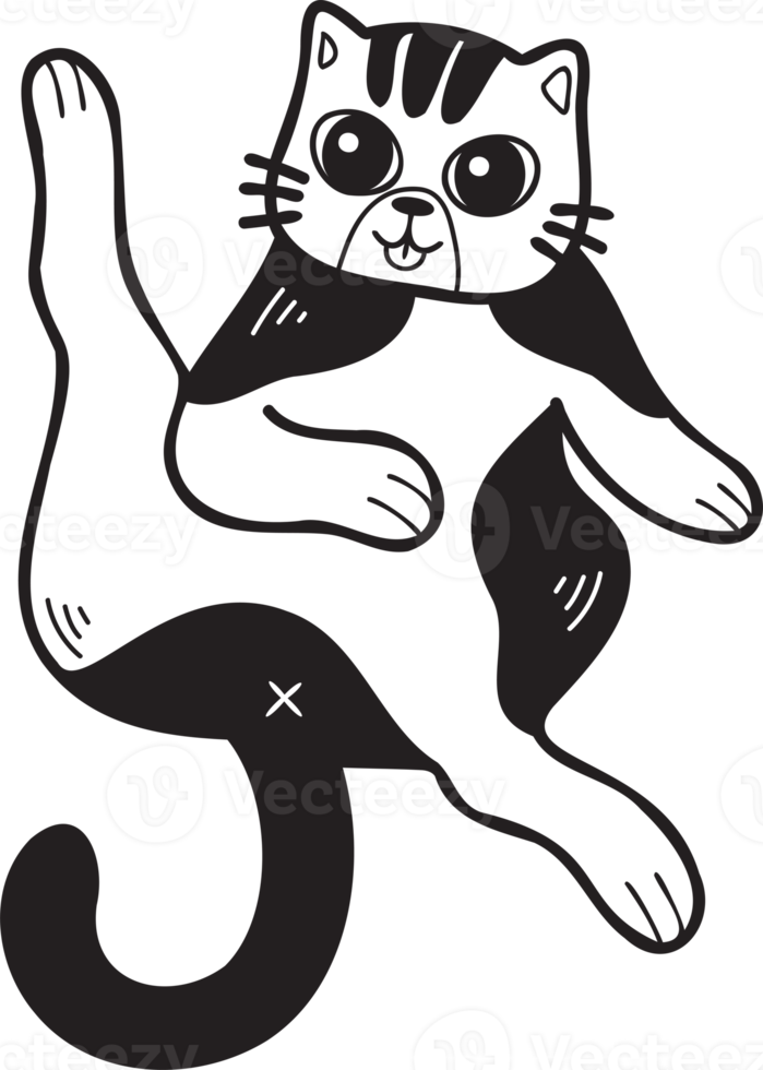 Hand Drawn Sleeping striped cat showing belly illustration in doodle style png