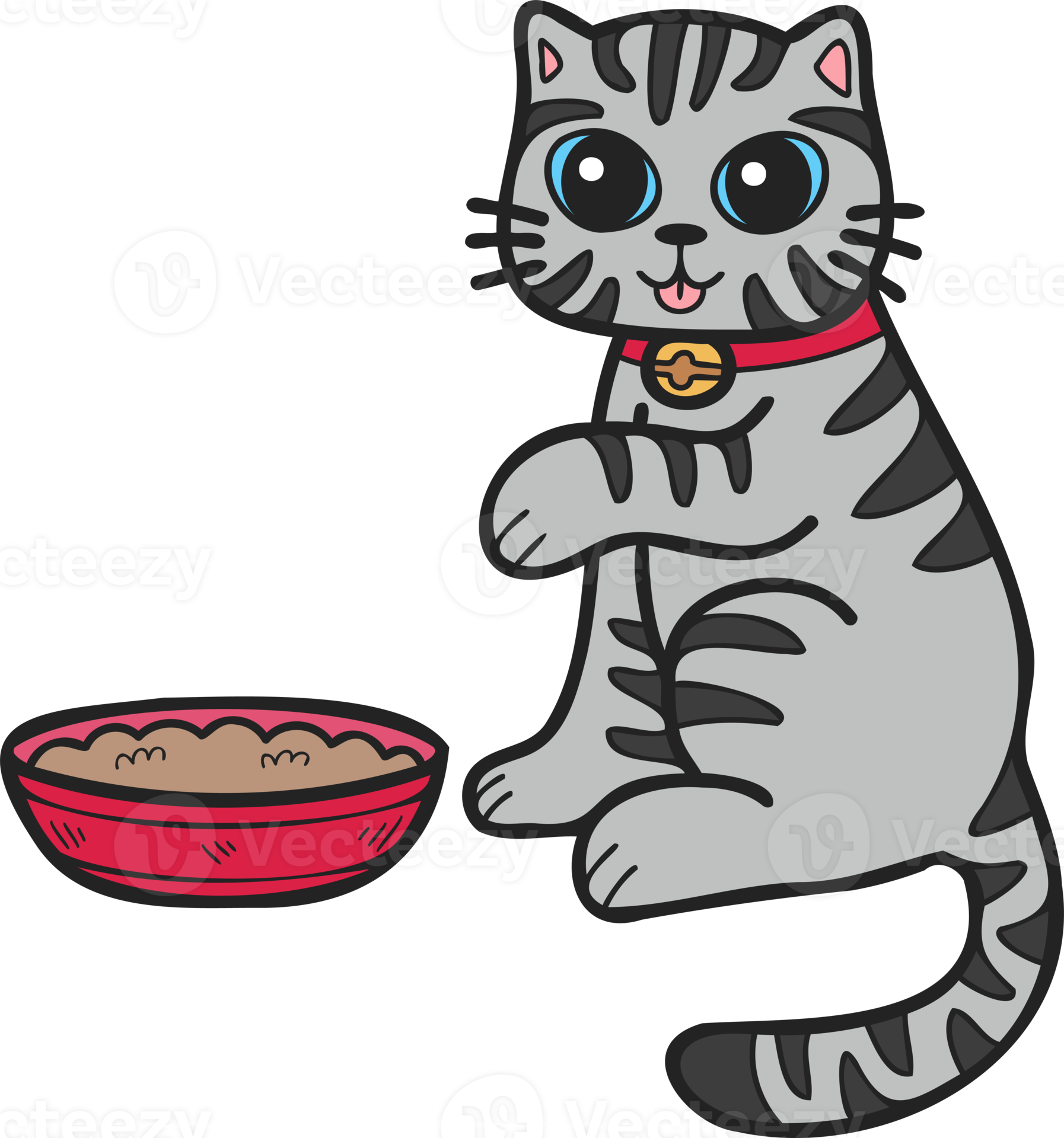 Hand Drawn Striped Cat Eating Food Illustration In Doodle Style hand-drawn-striped-cat-eating-food-illustration-in-doodle-style