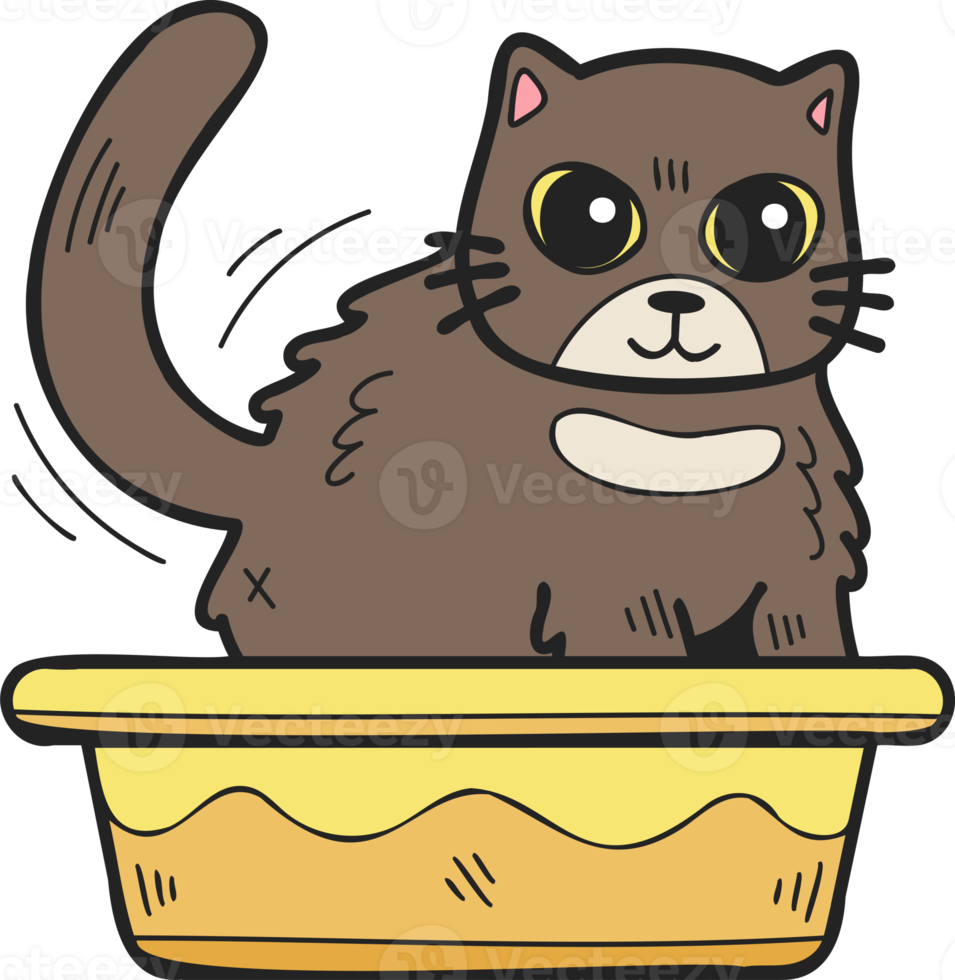 Hand Drawn cat with tray illustration in doodle style png
