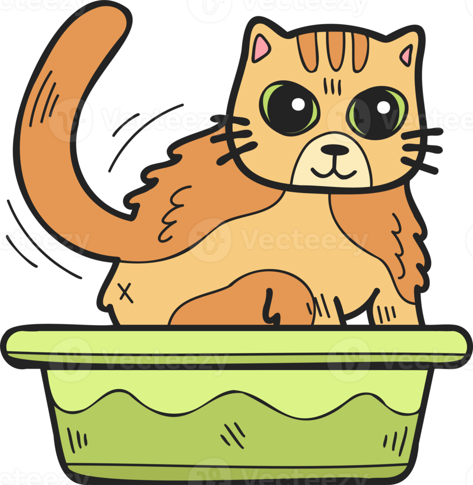 Hand Drawn striped cat with tray illustration in doodle style png