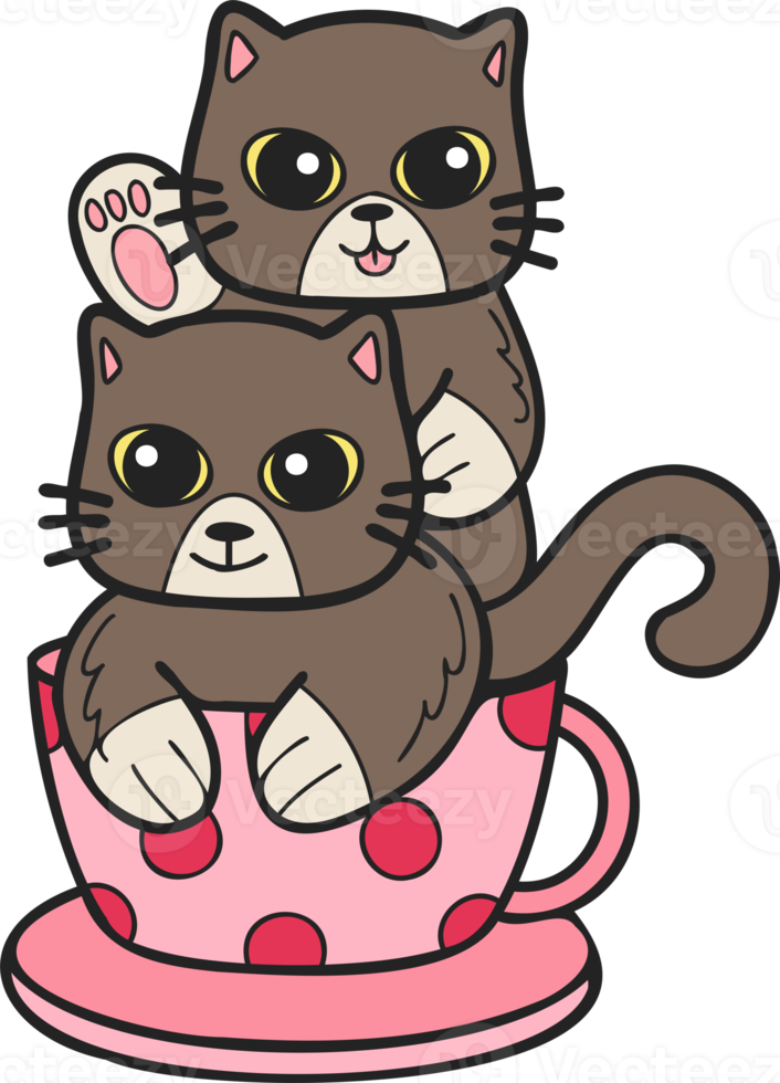 Hand Drawn cat or kitten with coffee mug illustration in doodle style png