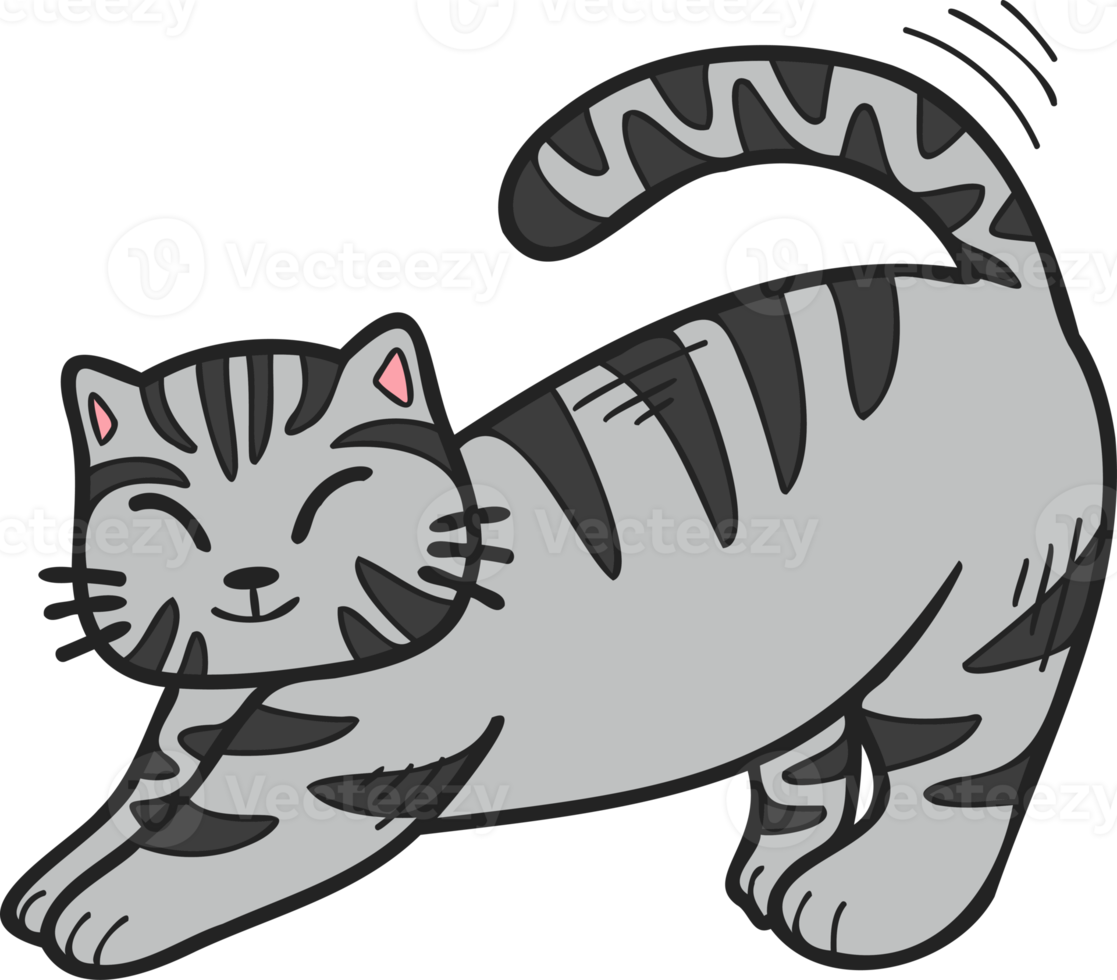 Hand Drawn striped cat stretching illustration in doodle style png