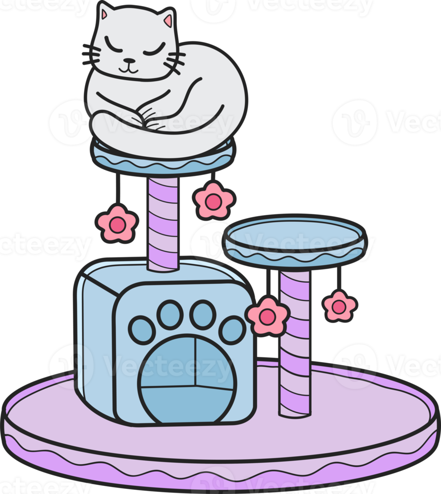 Hand Drawn cat with cat climbing pole illustration in doodle style png