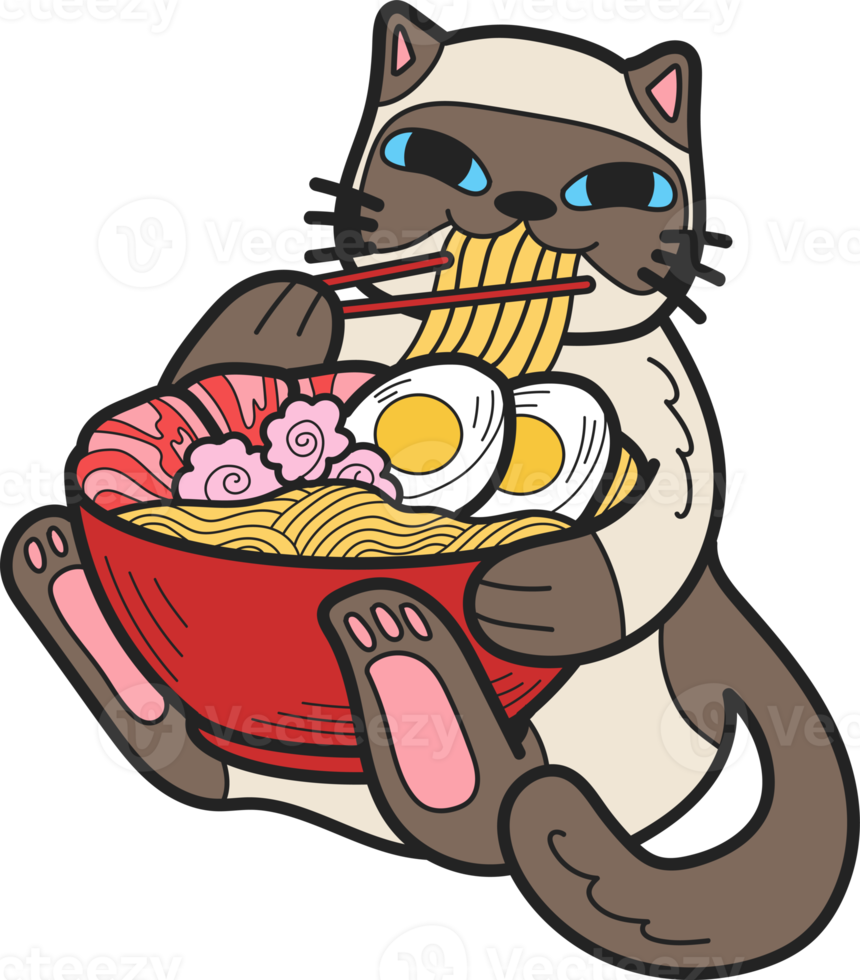 Hand Drawn cat eating noodles illustration in doodle style png
