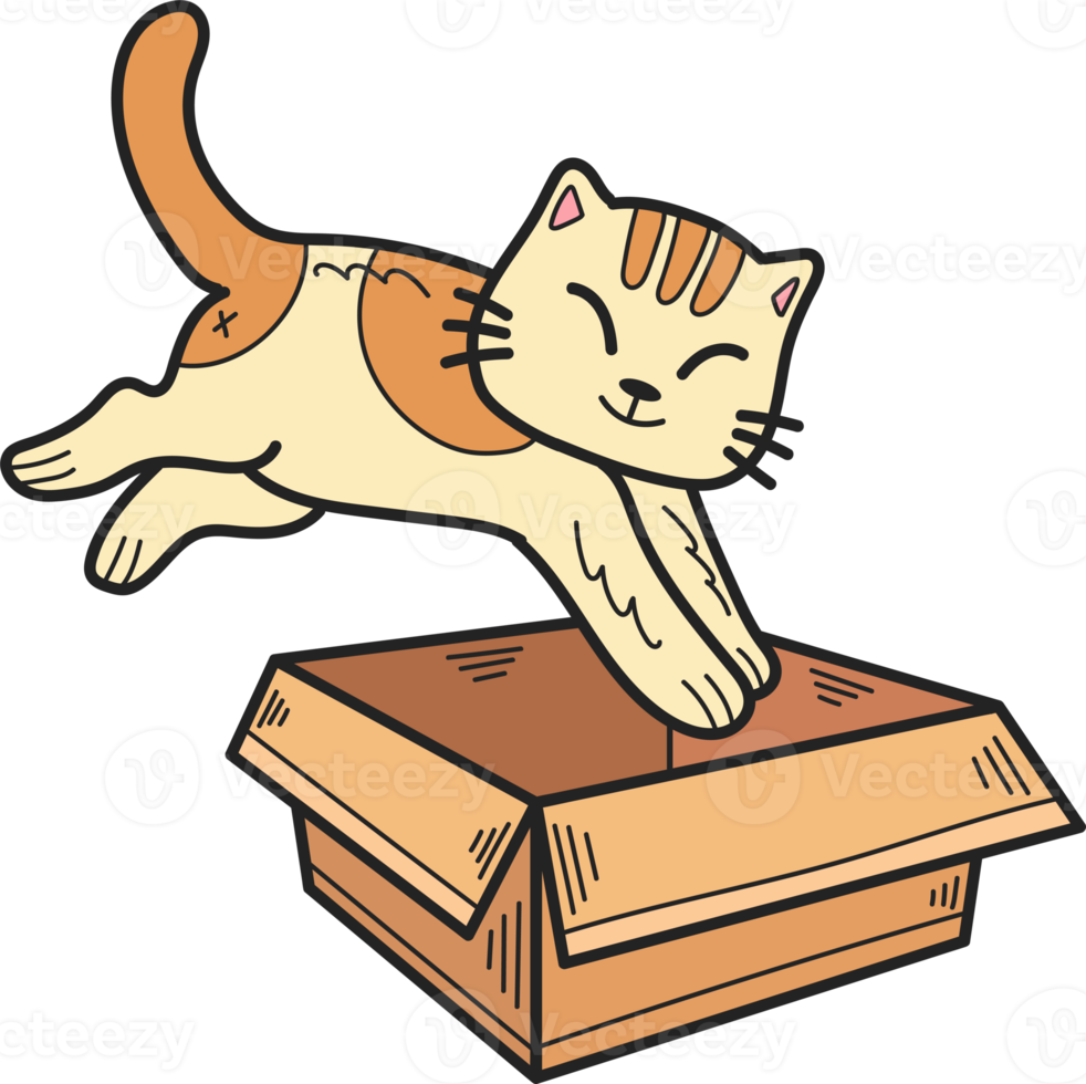 Hand Drawn striped cat jumped into the box illustration in doodle style png