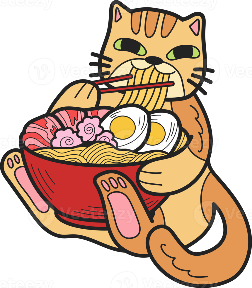 Hand Drawn striped cat eating noodles illustration in doodle style png