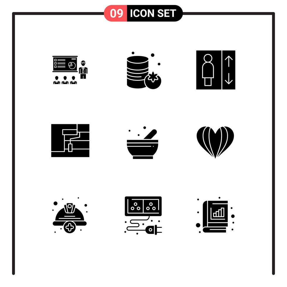Editable Vector Line Pack of 9 Simple Solid Glyphs of bowl roller supermarket painting lift Editable Vector Design Elements