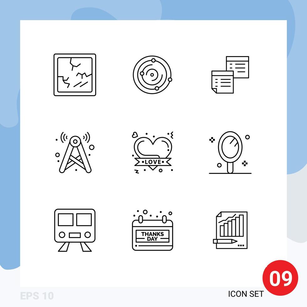 Group of 9 Outlines Signs and Symbols for network signal files tower pages Editable Vector Design Elements