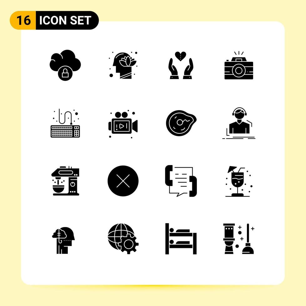 Set of 16 Vector Solid Glyphs on Grid for attach photo care image love Editable Vector Design Elements