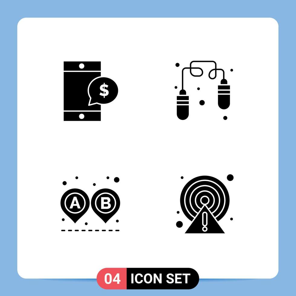 4 Universal Solid Glyphs Set for Web and Mobile Applications mobile route dollar jump rope alert Editable Vector Design Elements