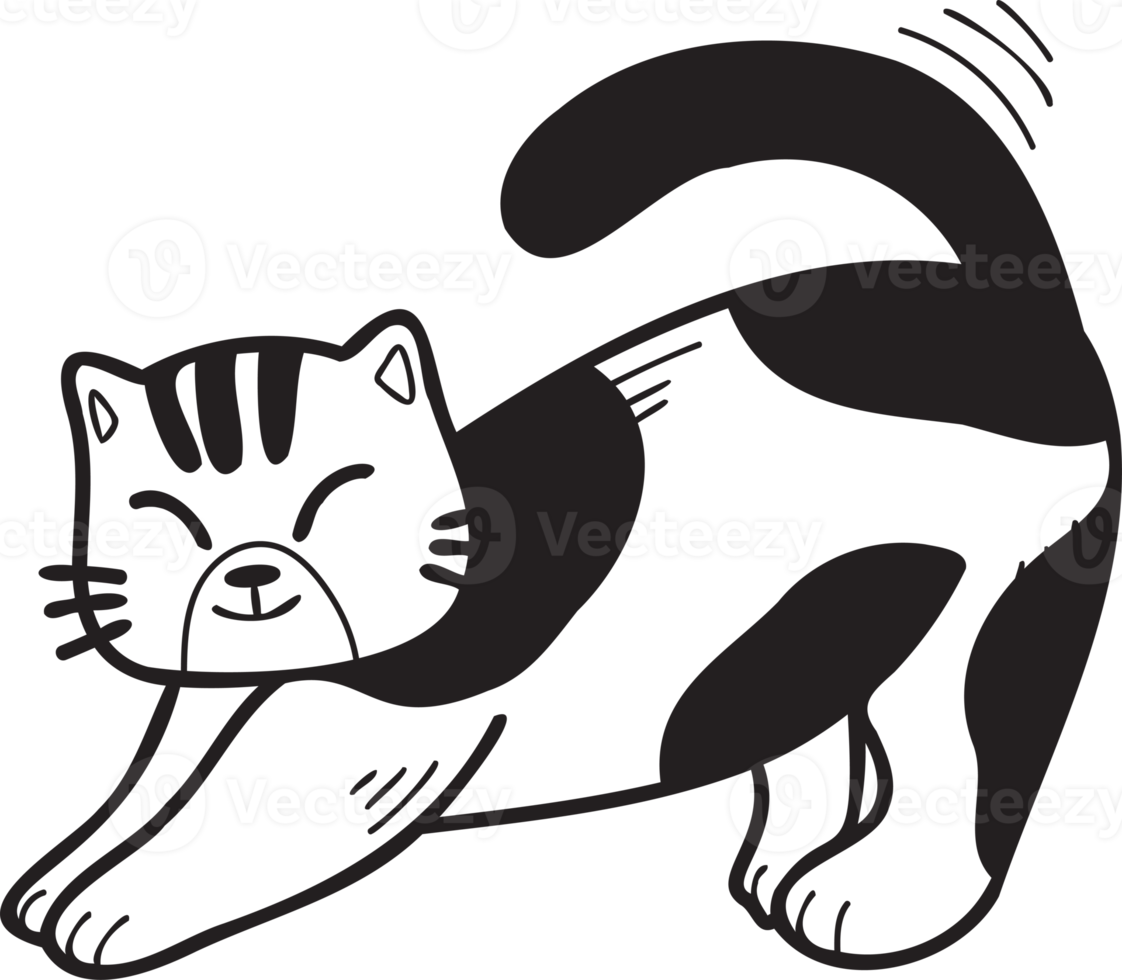 Hand Drawn striped cat stretching illustration in doodle style png