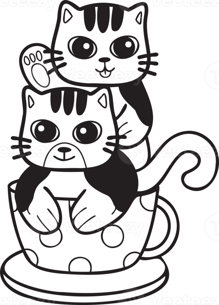 Hand Drawn striped cat or kitten with coffee mug illustration in doodle style png