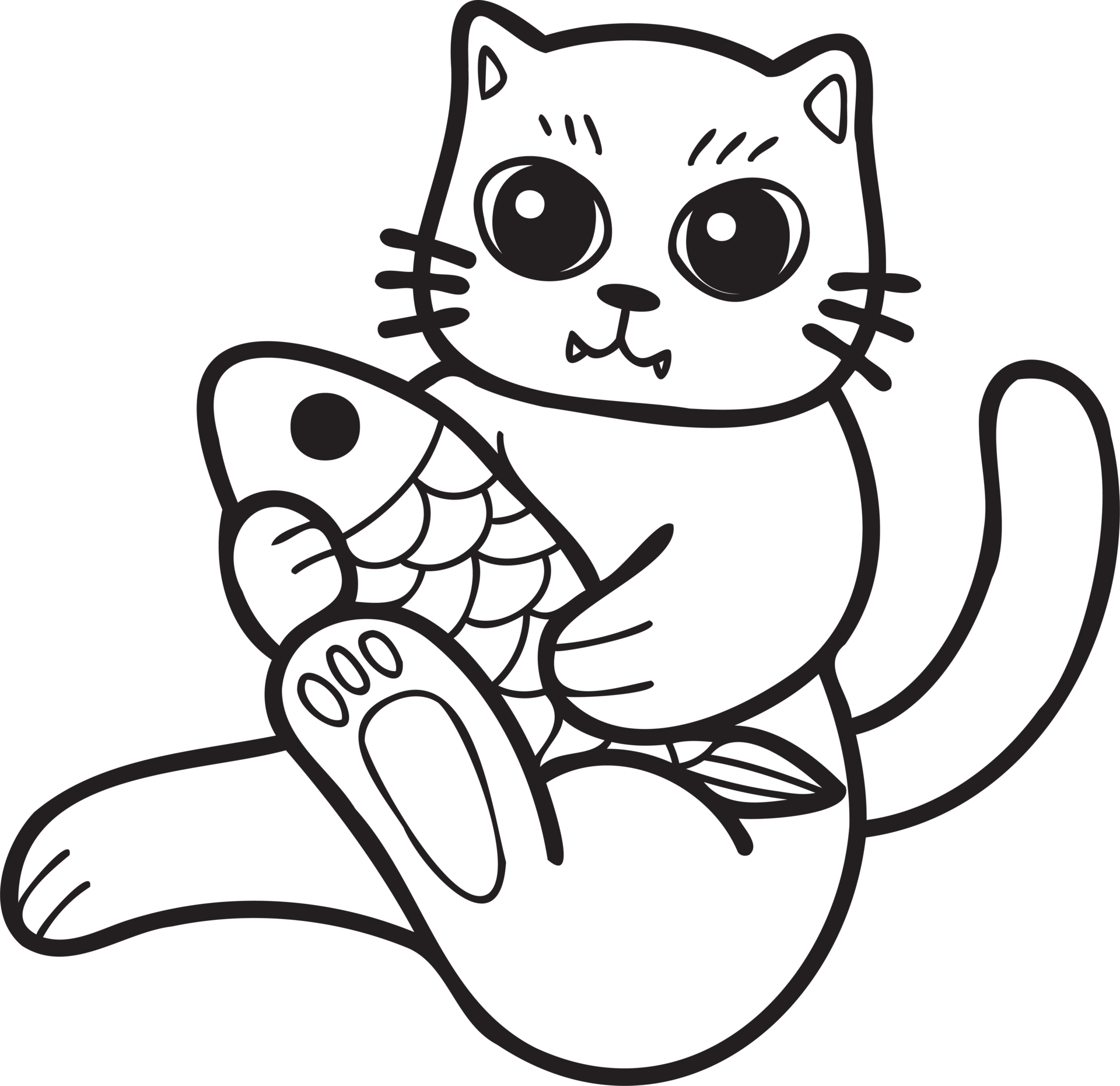 Hand Drawn Cat Eating Fish Illustration In Doodle Style 17303183 PNG