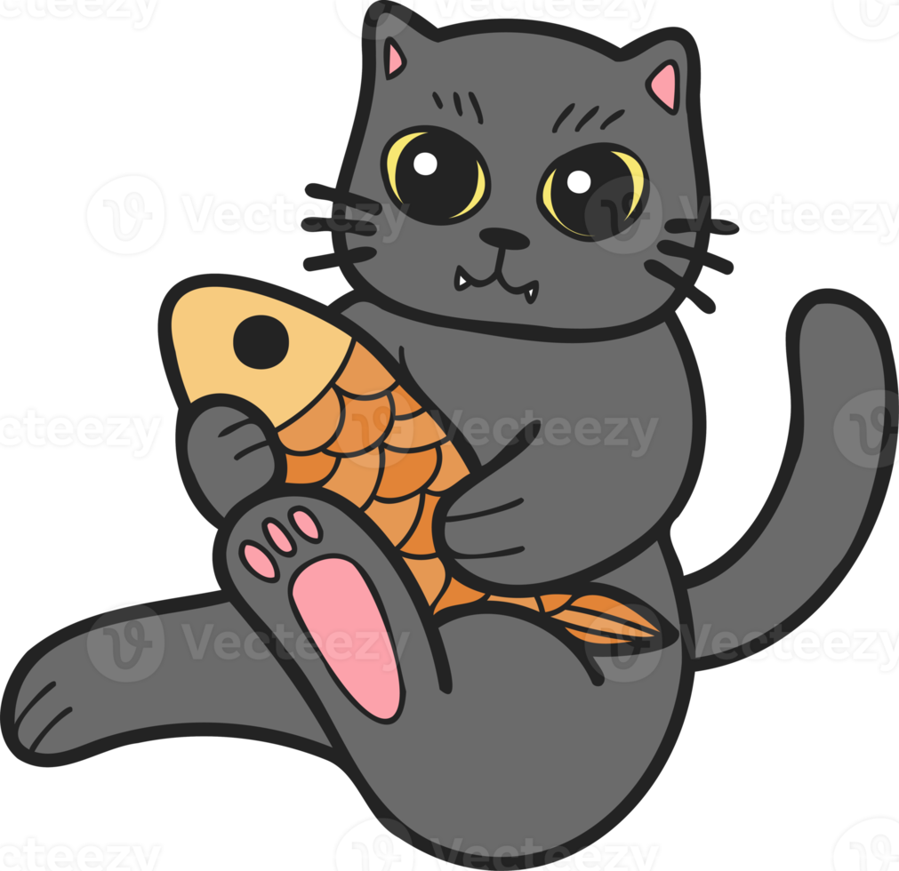 Hand Drawn cat eating fish illustration in doodle style png