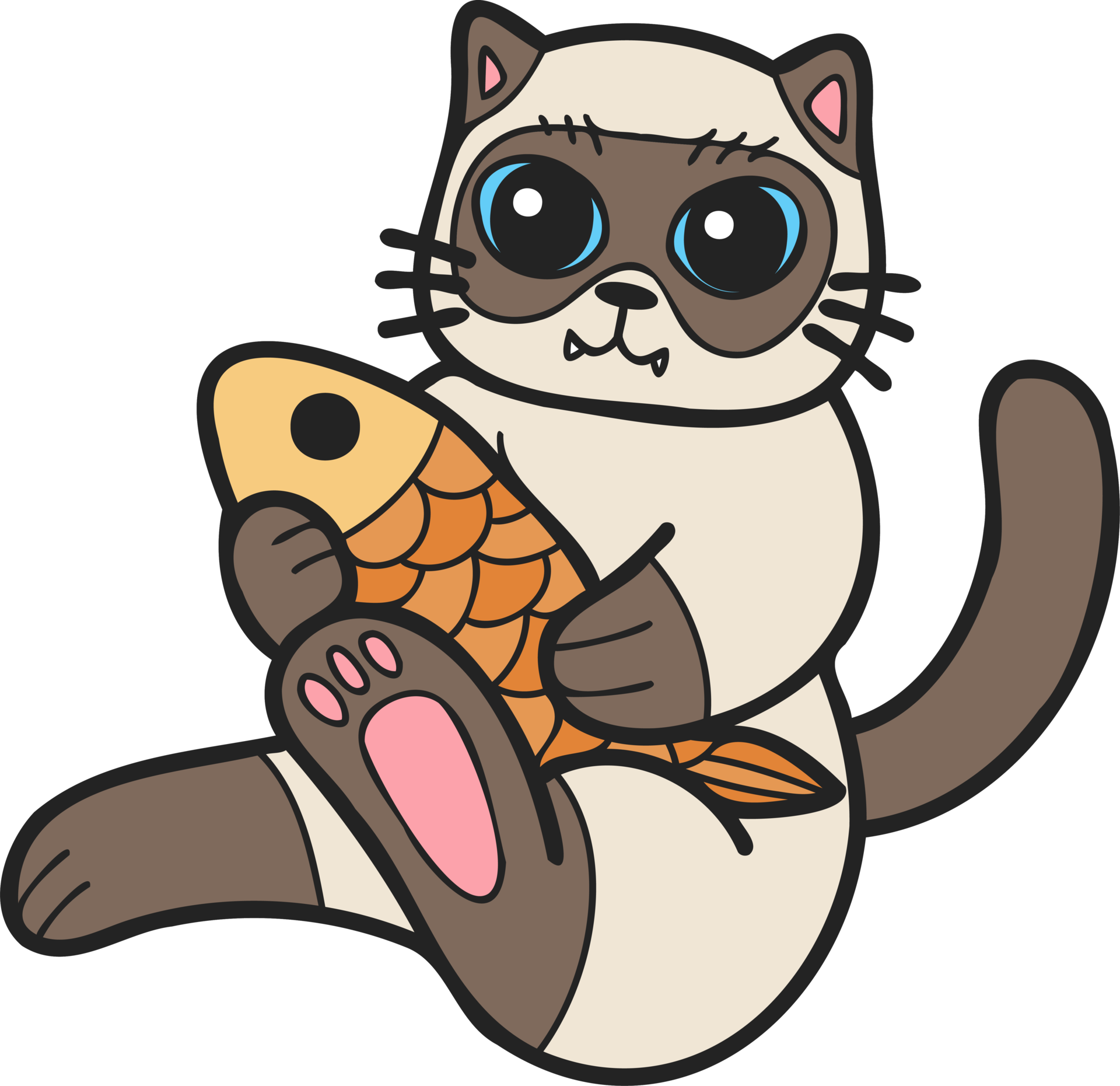 hand-drawn-cat-eating-fish-illustration-in-doodle-style-17303186-png