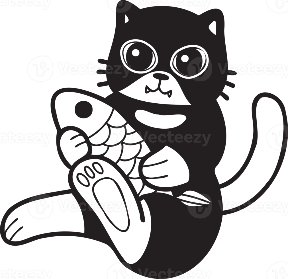 Hand Drawn cat eating fish illustration in doodle style png