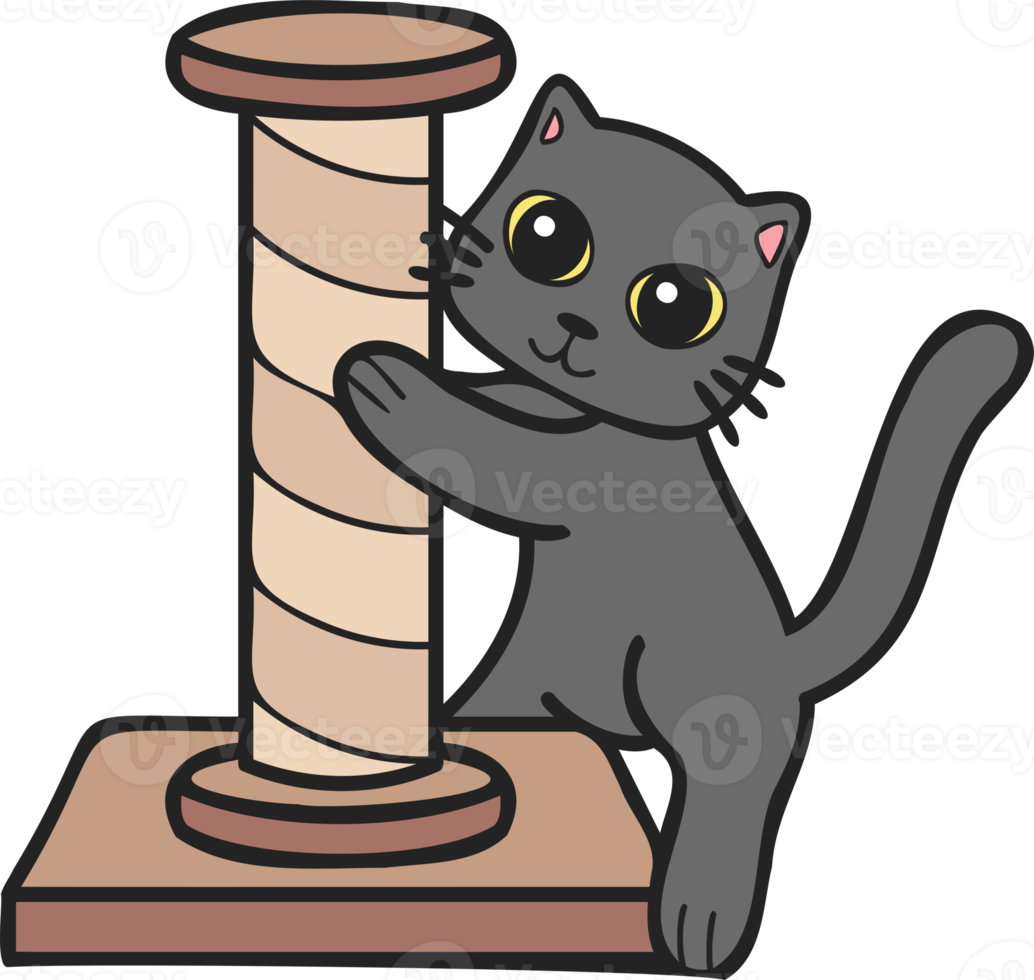 Hand Drawn cat with cat climbing pole illustration in doodle style png