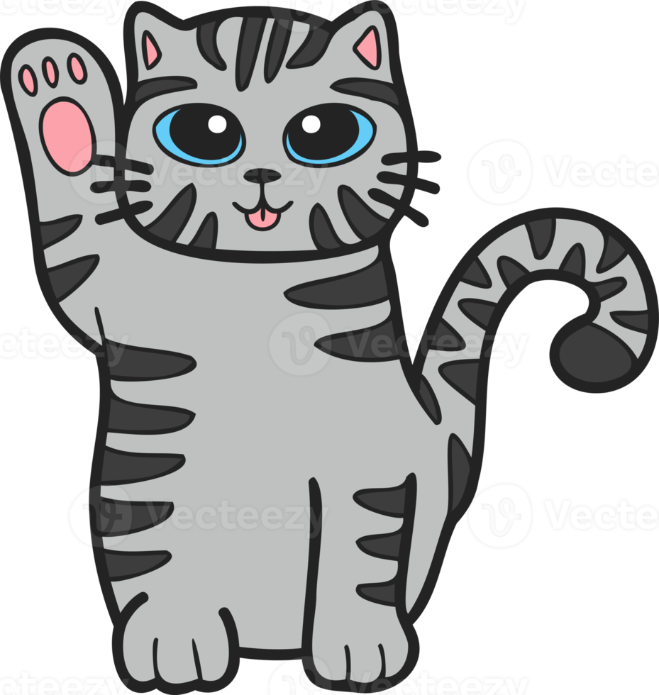 Hand Drawn Maneki Neko or lucky striped cat illustration in doodle style png
