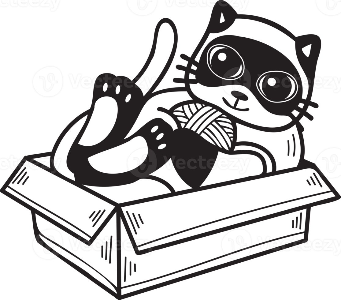 Hand Drawn striped cat playing with yarn in a box illustration in doodle style png