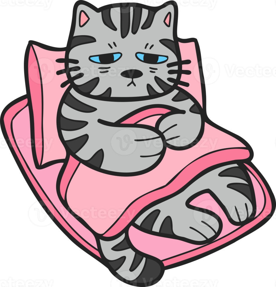 Hand Drawn sick striped cat sleeping on pillow illustration in doodle style png