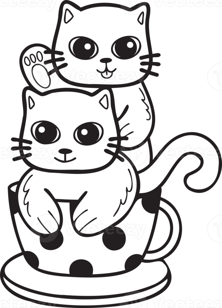 Hand Drawn cat or kitten with coffee mug illustration in doodle style png