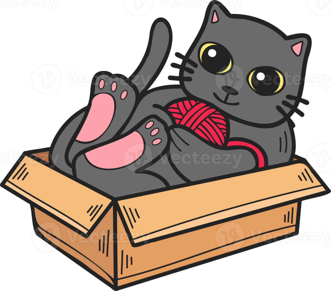 handgezeichnete katze, die mit garn in einer kastenillustration im gekritzelstil spielt png