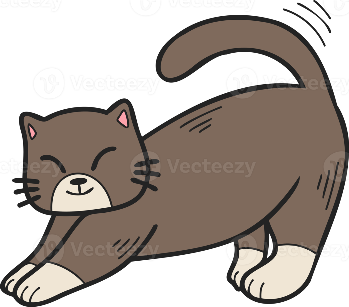 Hand Drawn cat stretching illustration in doodle style png