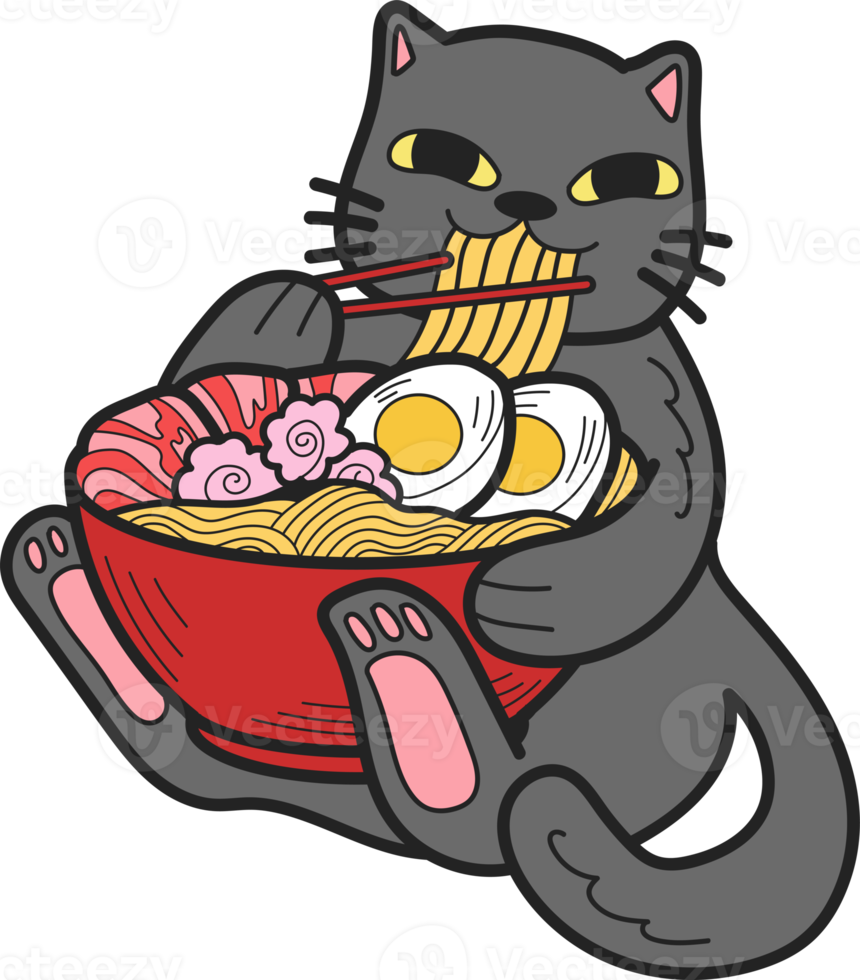 gato dibujado a mano comiendo ilustración de fideos en estilo doodle png