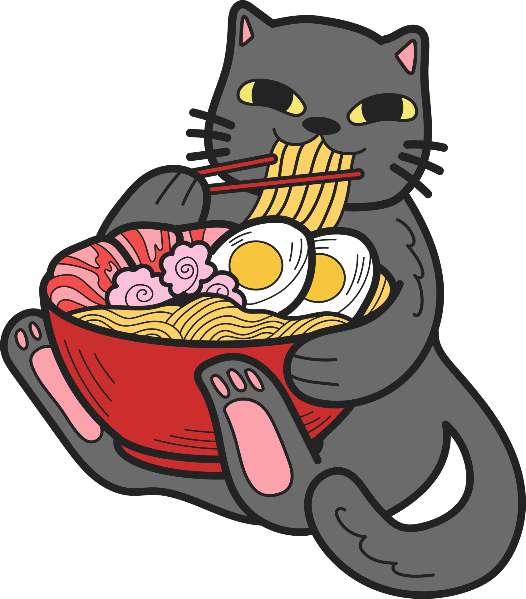 Hand Drawn cat eating noodles illustration in doodle style 17303244 PNG
