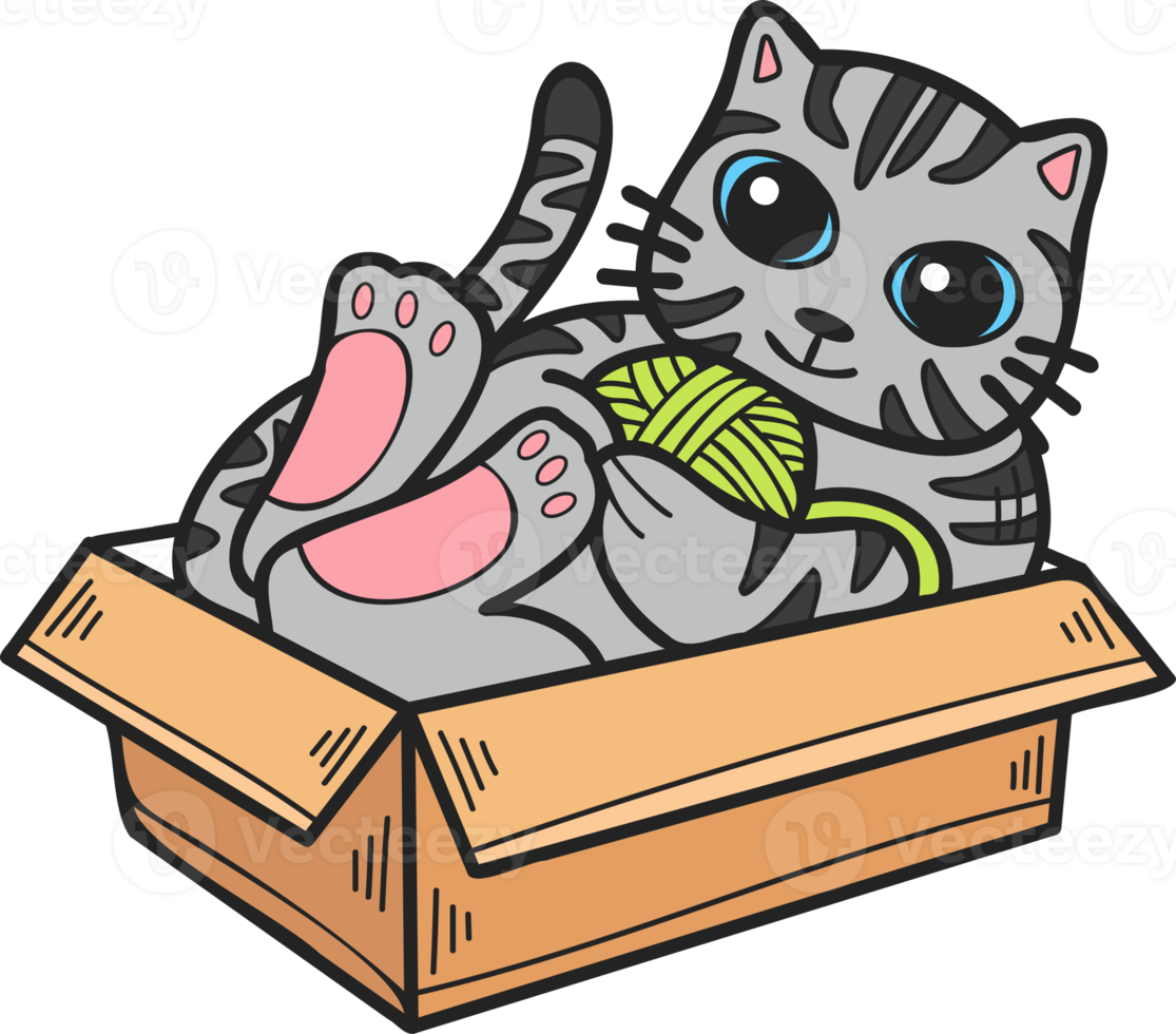 Hand Drawn striped cat playing with yarn in a box illustration in doodle style png