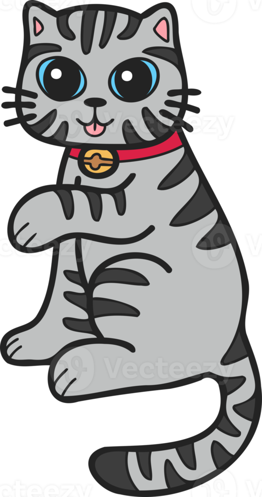 Hand Drawn Maneki Neko or lucky striped cat illustration in doodle style png