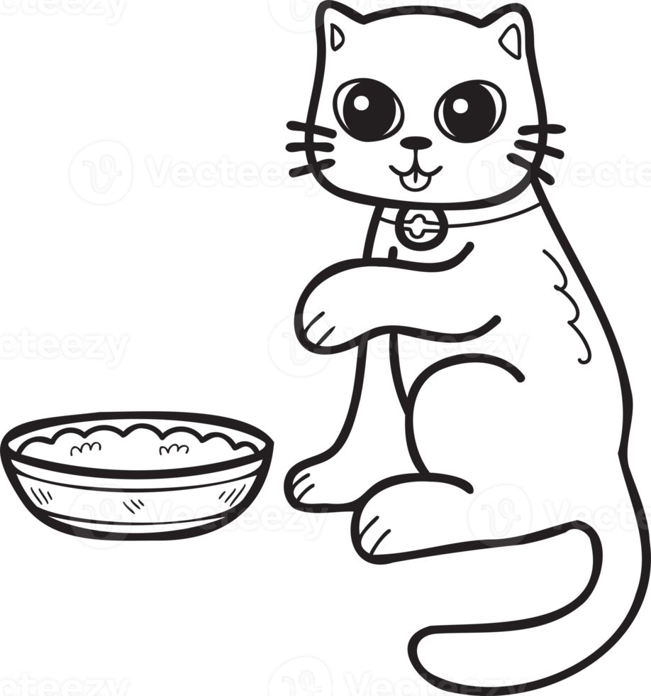 Hand Drawn cat eating food illustration in doodle style png